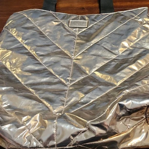 Victoria's Secret Shiny Silver Tote with Black Handles (NEW) - Picture 2 of 6